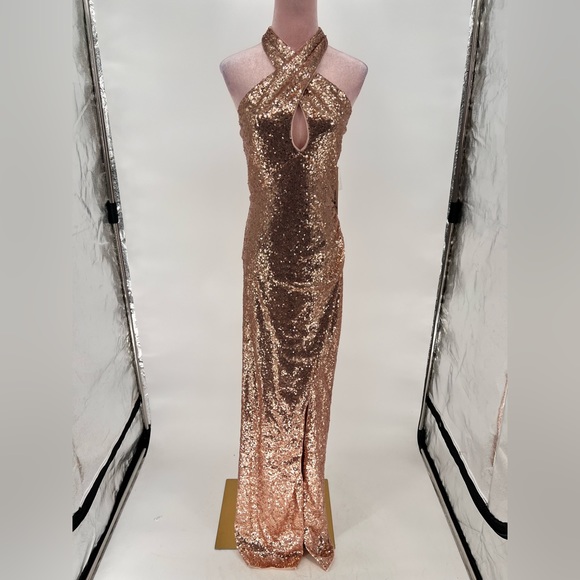 NWT Aqua Sequined Halter Evening Dress - Picture 5 of 14